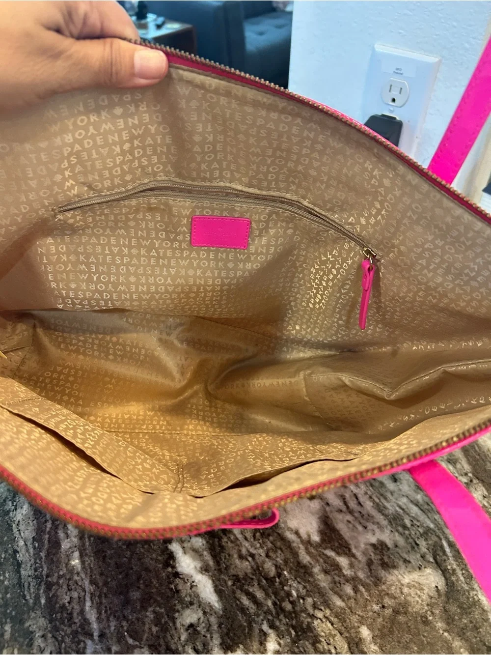 kate spade camellia st Sophie Tote in Hot Pink has a few marks scuffs peeling